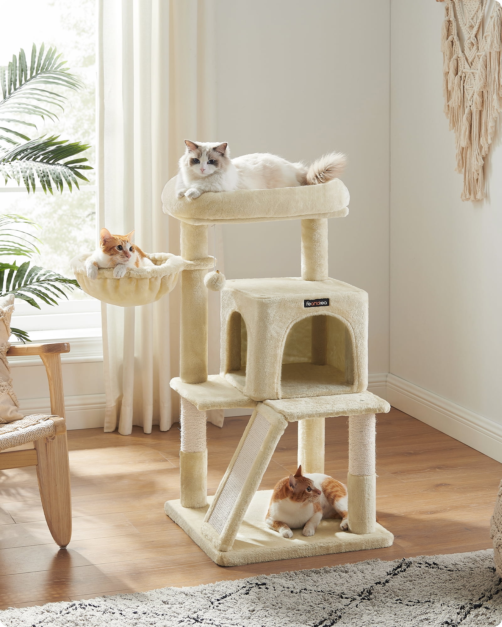 37.8 - Inch Multi - Level Small Cat Tree. Features widened perch for large cats & kittens. Beige color.