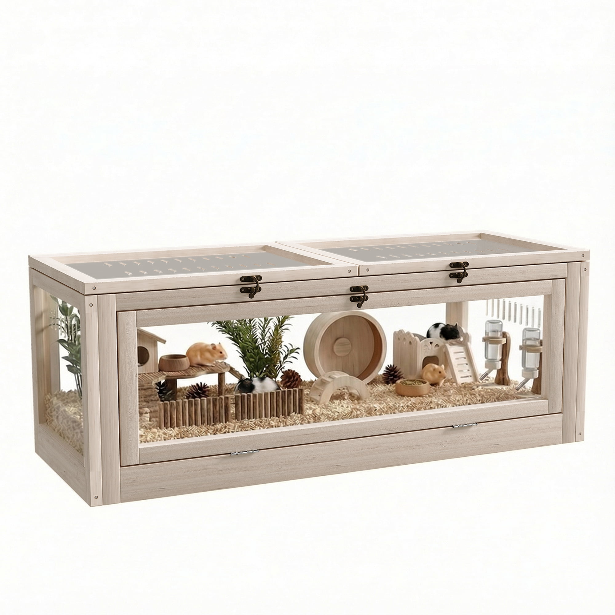 37.8 Inch Wooden Hamster Cage with Acrylic Panels, Large Hamster Habitat with Small Cabin & Climbing Ladder, Transparent Small Animal Cage for Hamsters, Gerbils, Mice