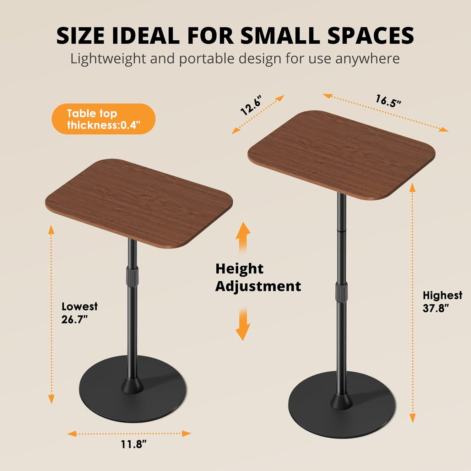 37.8" Max Height Adjustable Mobile Table, Metal Base Wooden Top Laptop Floor Stand, Portable Standing Bedside Sofa Desk for Home Office Use