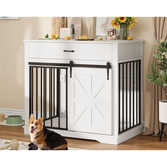 37.8" W Dog Crate Furniture for Small Medium Dogs, 2-in-1 Iron-Wood Fusion Dog Cage Indoor As Side End Table, Farmhouse Dogs Kennel with Sliding Barn Doors & Drawer, White