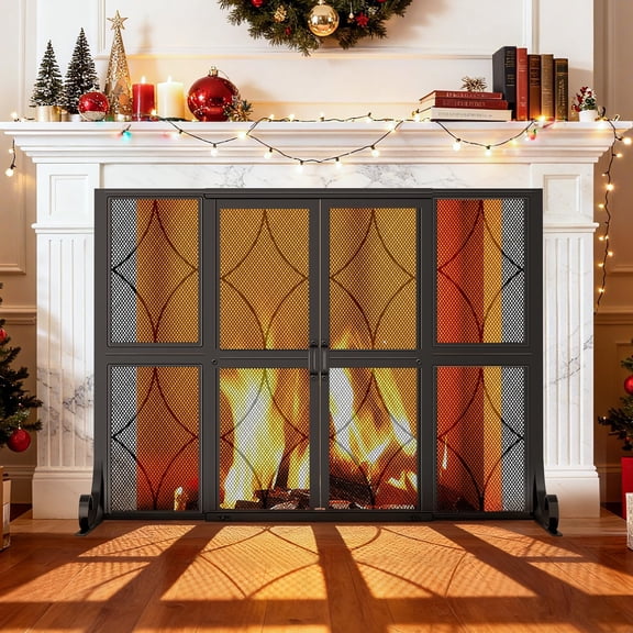 37.8" W x 30.7" H Black Modern Wrought Iron Fireplace Screen With Sliding