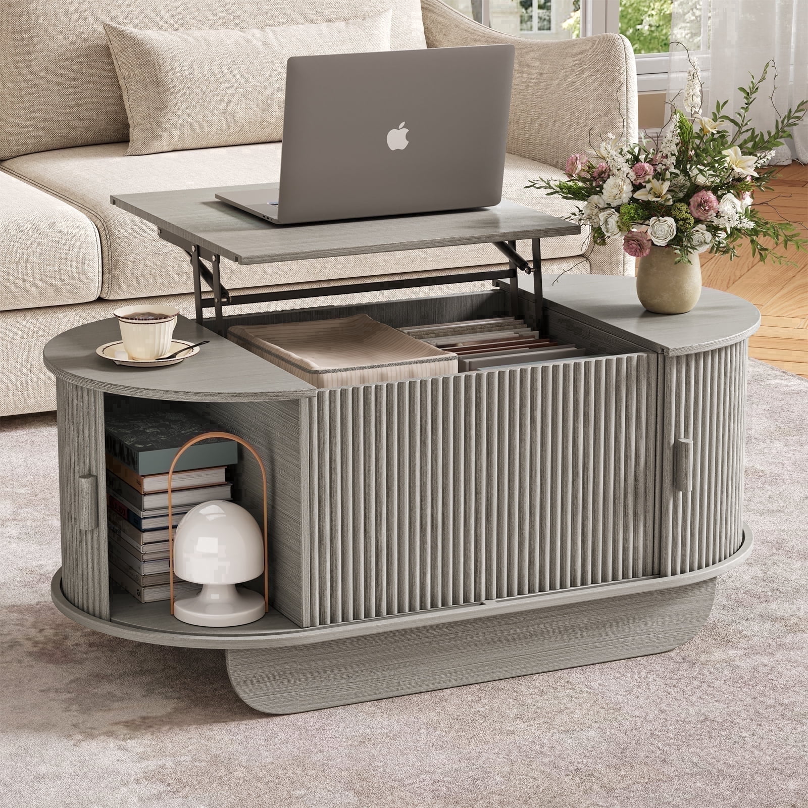 Lift Top Wood Coffee Table with Storage, Fluted Design and Sliding Doors for Living Room, Gray