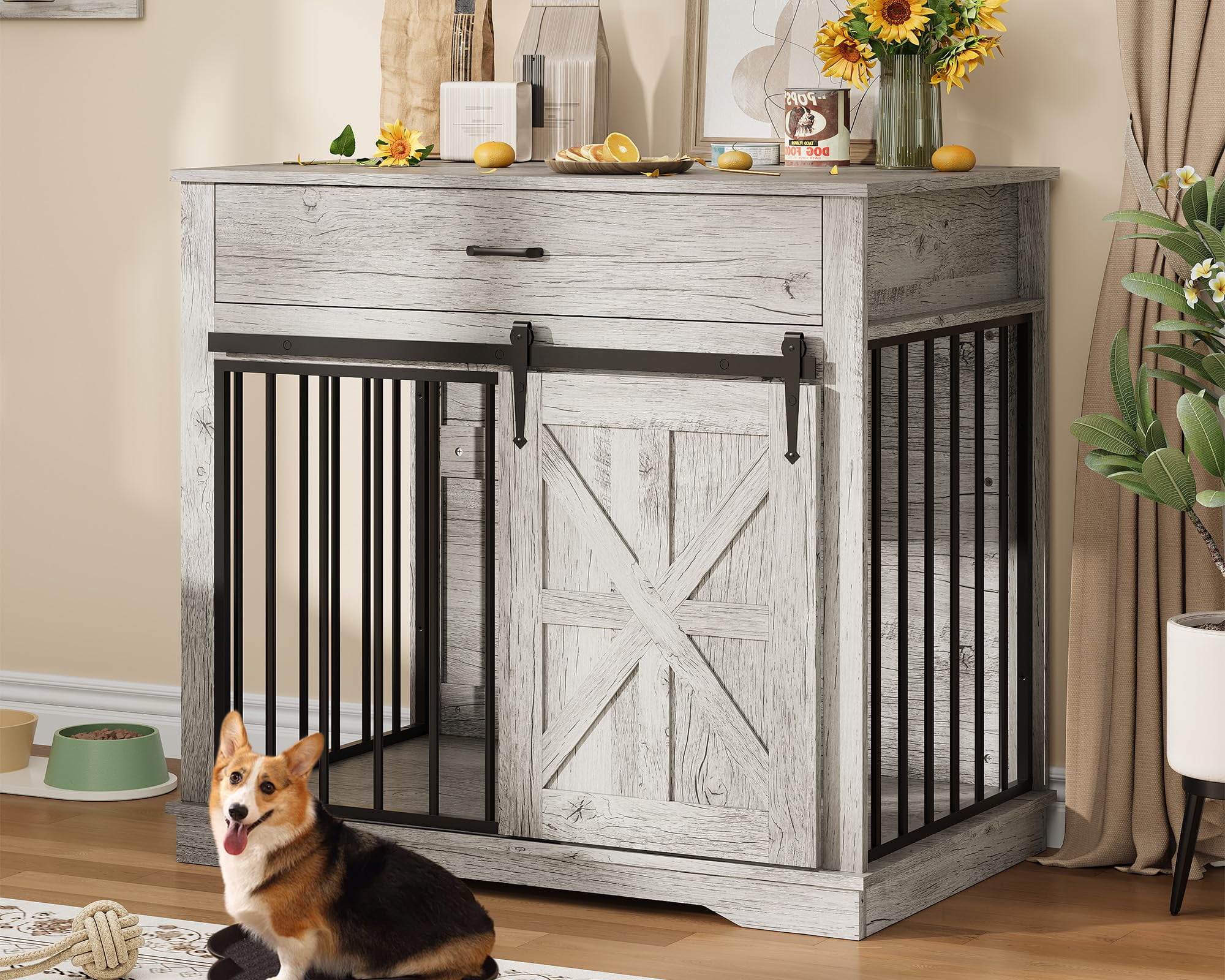 37.8" Wooden Dog Crate Furniture - Indoor Kennel Table & House for Large, Medium & Small Dogs