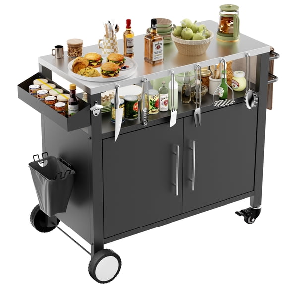 37.9" Outdoor Grill Cart with Storage, Patio Kitchen Island with Stainless Steel Top, Spice Rack, Waterproof Outdoor Grill Table for Outside BBQ Pizza Prep