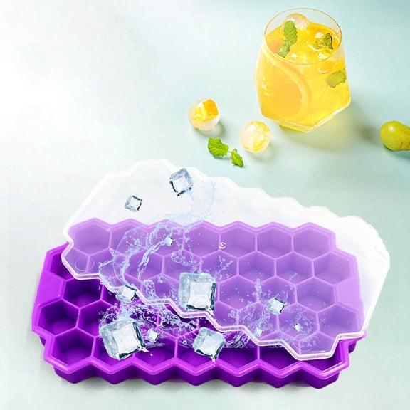 37 Cavity Silicone Ice Cube Tray With Lid Stackable Hexagonal Mini Ice Mold For Cocktails Whiskey Iced Coffee Drinks(Purple-18.3Cm)