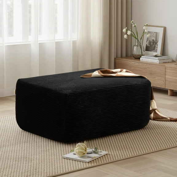 37" Corduroy Fabric Ottoman, Upholstered Cloud Ottoman for Boneless Couch in A Box, Compressed Memory Foam Footrest No Assembly Require,Black