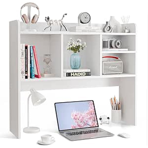 37" Desktop Bookshelf, Countertop Storage Hutch with 4 Shelves for Computer Desk, 2-Tier Display Rack, Multipurpose Wood Desk Hutch Storage Organizer for Home Office Dorm, White