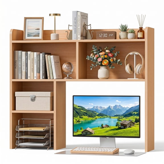 37" Desktop Bookshelf, Wooden Desktop Hutch Desk Shelf Storage Rack for Home Office, Study, Dorm Room, Multi-Compartment Desktop Organizer