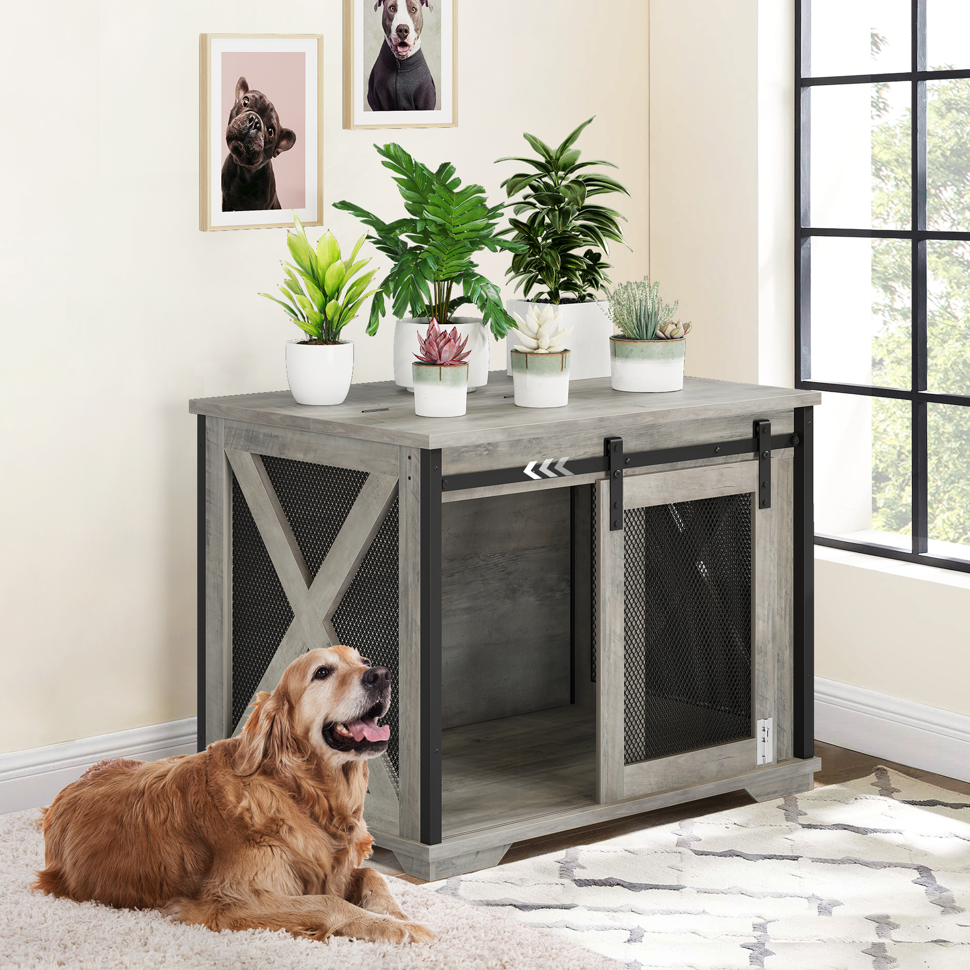 37'' Dog Crate Furniture Side End Table with Flip Top and Movable