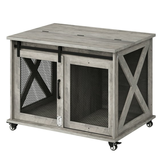 37" Dog Crate with Sliding Barn Door & Flip Top | Dual-Access Farmhouse Kennel for Easy Pet Care