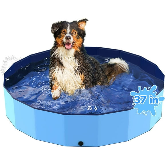 37'' Foldable Dog Pool, Kiddie Pool, Heavy Duty Non-Slip Plastic Pet Wading Pool for Large Dogs, Indoor and Outdoor Kids Pet Dog Bathtub