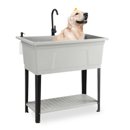 37-Gallon Freestanding Utility Sink with Faucet, 36" Heightened Basin for Laundry, Garage, Outdoor Garden, Pet Wash, Heavy Duty Plastic Laundry Tub with Storage Shelf, 40"L×24"W×36"H, Gray