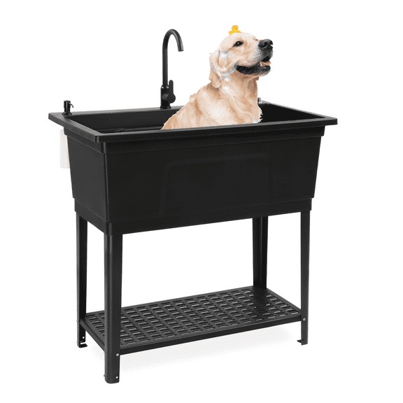 37-Gallon Freestanding Utility Sink with Faucet, 36" Heightened Basin for Laundry, Garage, Outdoor Garden, Pet Wash, Heavy Duty Plastic Laundry Tub with Storage Shelf, 40"L×24"W×36"H, Black
