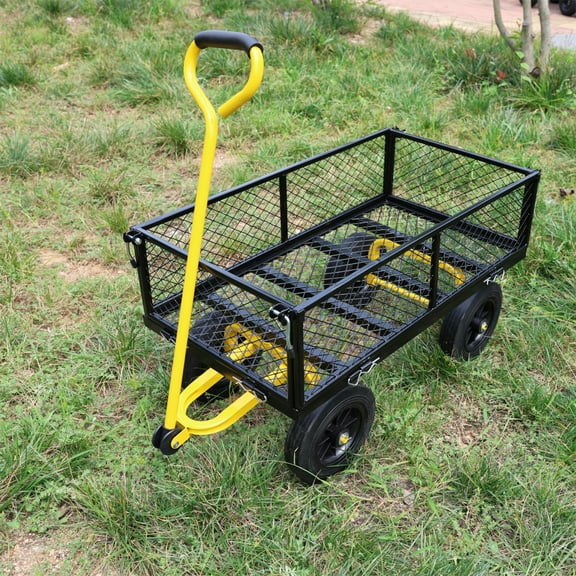 37" Garden Cart, Practical Metal Tool Cart with Removable Mesh Sides, 4 Solid Wheels, Rotating Handle, Flatbed Cart for Garden, Farm, Yard, Black/Yellow