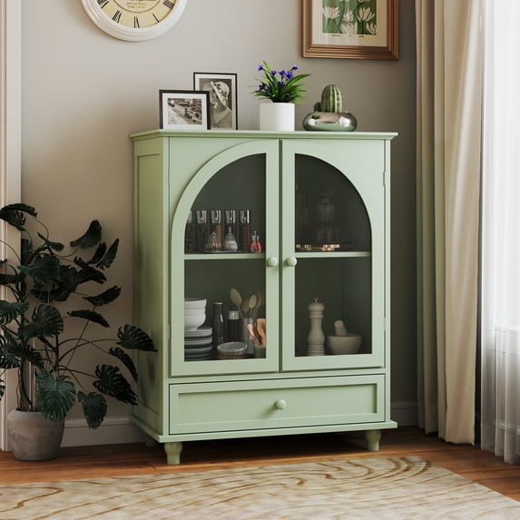 37"H Kitchen Storage Cabinet,Farmhouse Buffet Sideboard with 1 Drawer & 2 Doors,Pantry Cabinet Entryway Cabinet Coffee Bar for Dining Room Living Room,Green