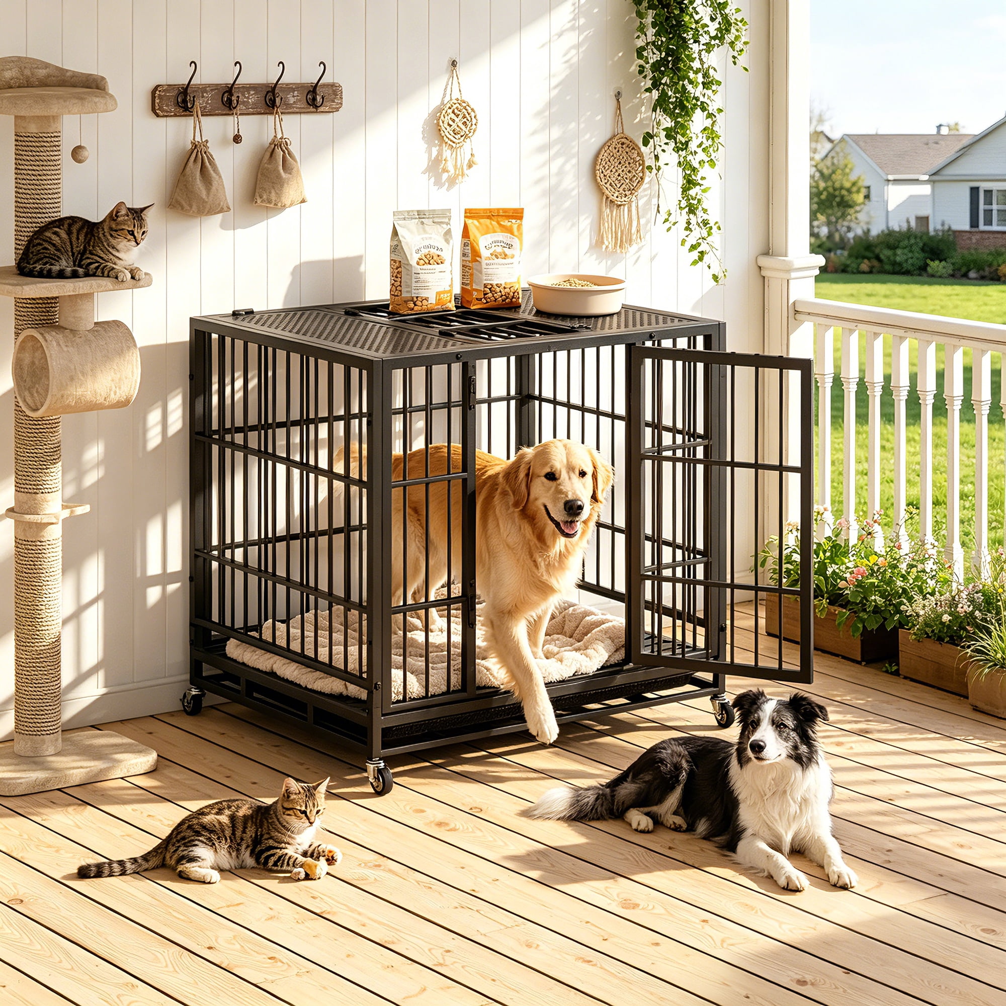 37" Heavy Duty Dog Crate Furniture with Rotary Twist-Latch & Lockable Wheels