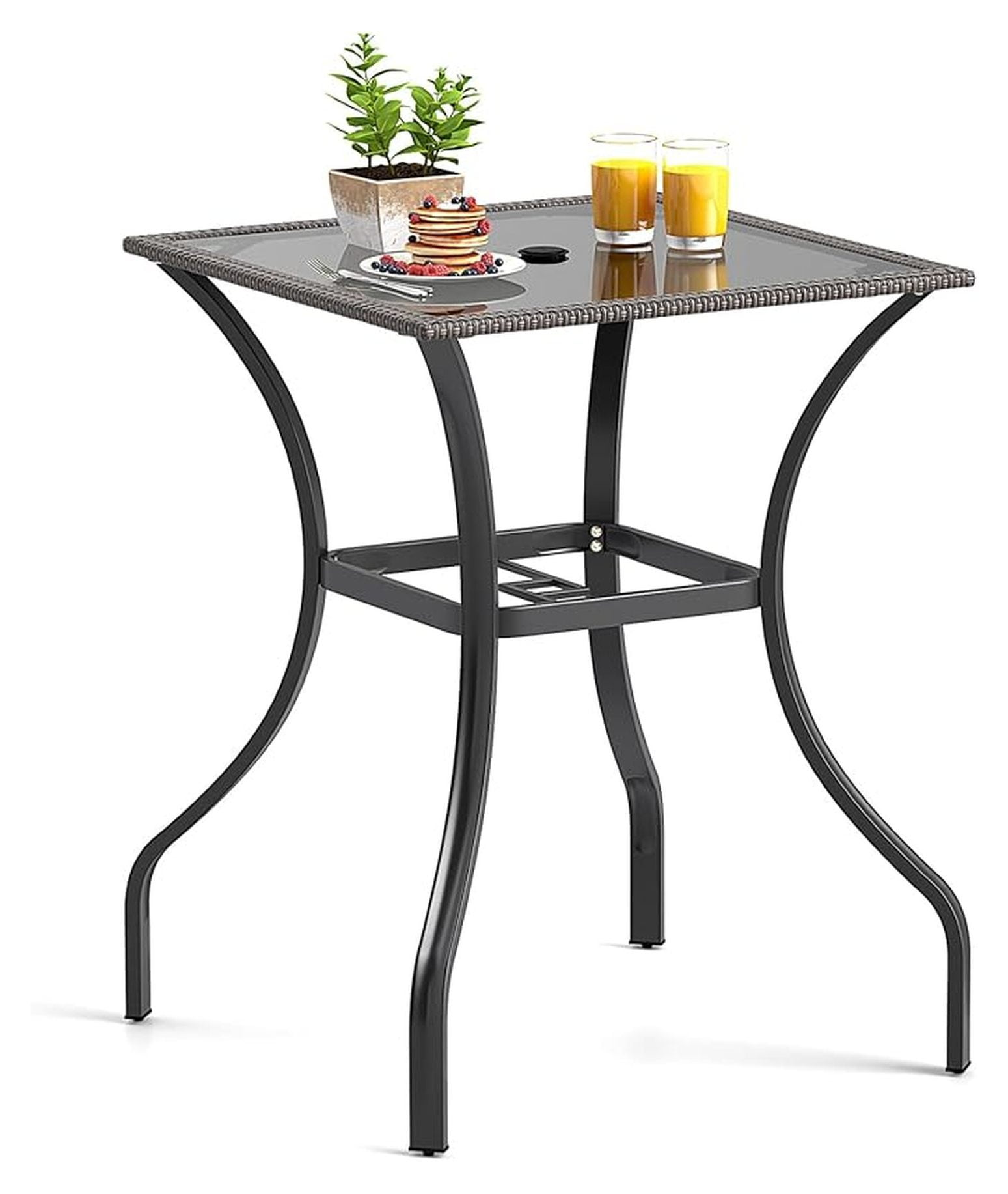 bar height patio table with umbrella hole tempered glass 37” Height Bistro Table with Umbrella Hole, Tempered Glass Top & Wicker  Covered Edge, Counter Height Square Outdoor Bar Table for Garden, Patio,  Poolside & Deck