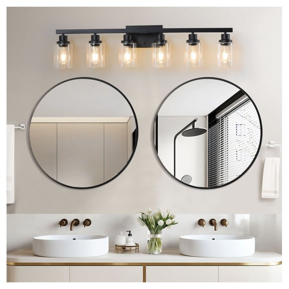 37 Inch 6 Light Bathroom Vanity Light Fixture, Black Metal & Clear Glass, Modern Farmhouse Wall Sconce for Bathroom, Powder Room, Dressing Table - No Bulbs Included