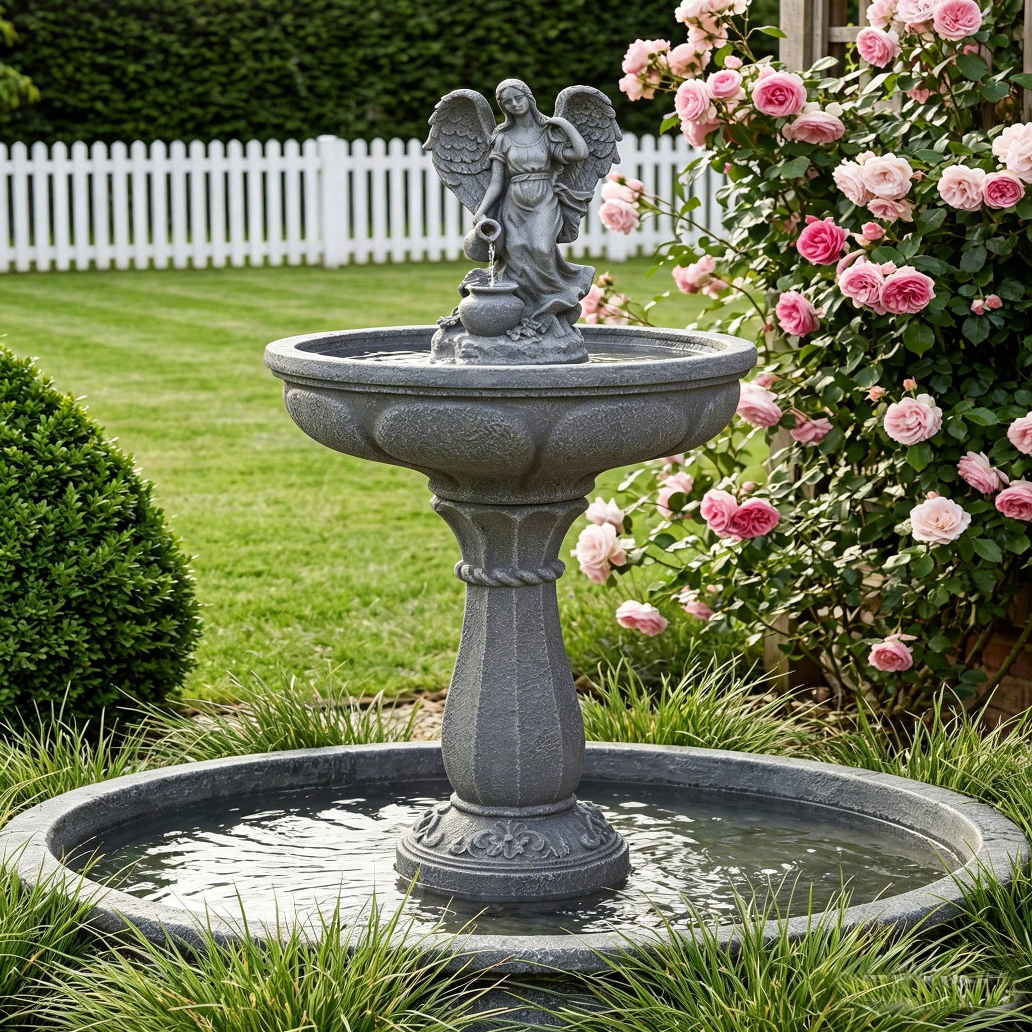37 Inch Angel Statue Pedestal Water Fountain, 2-Tier Resin Outdoor Waterfall Fountain, UV & Weather Resistant, Auto Water Shortage Shutoff, Stable Anti-Splash Design for Yard Lawn Decor