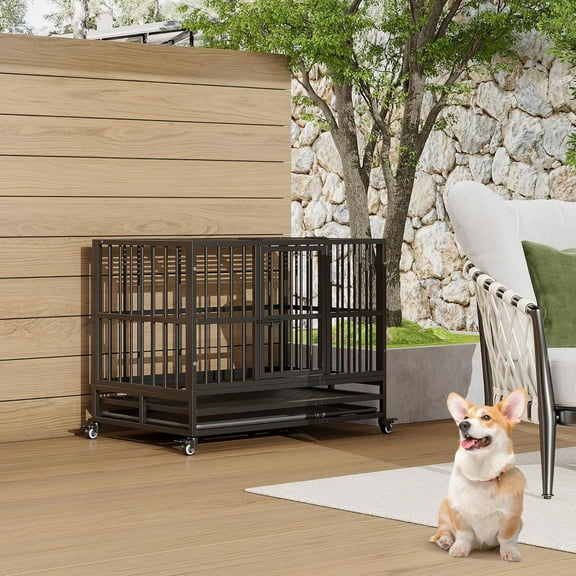 37 Inch Dog Crates,Folding Metal Crates Dog Kennels Outdoor and Indoor,Pet Dog Cage Crate with Wheels,Double Door,Removable Tray for Small,Medium and Large Dogs