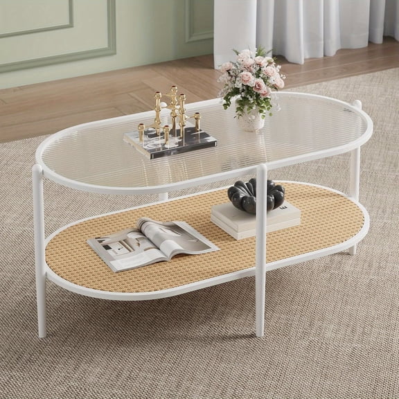 37-Inch Farmhouse Oval Coffee Table with Rattan Shelf, Metal Frame and Wavy Glass Top, Two-Tier Storage Design for Living Room, Bedroom, and Small Space Decor with Rustic Contemporary Charm