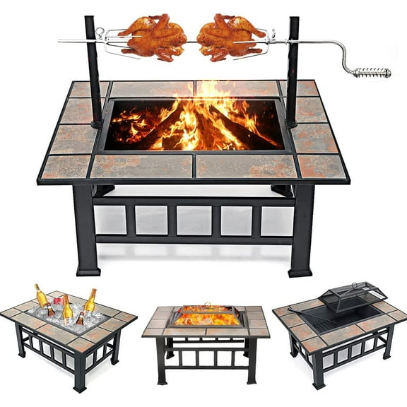 37 Inch Fire Pit Table with Grill for Outside Large Square Wood Burning firepit Heavy Duty Steel Bonfire Pit Cooking with Spark Screen Log Grate Poker for Backyard Garden Camping