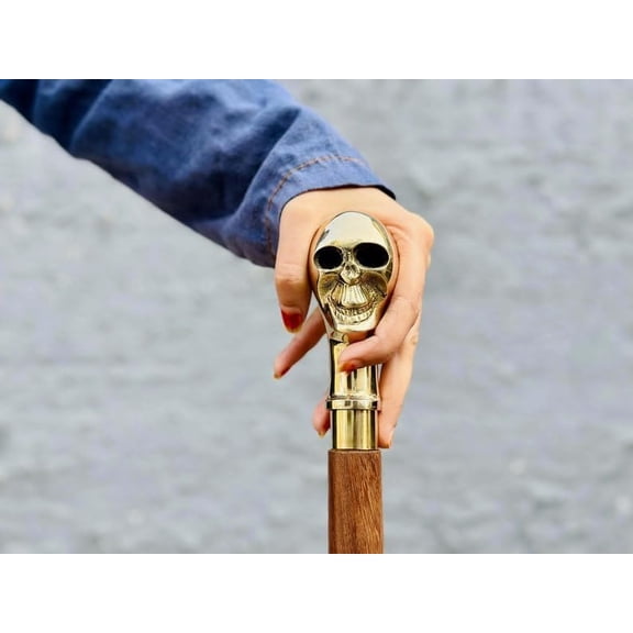 37 Inch Folding Walking Stick with Brass Skull Head Handle and Wooden Shaft, 3 Section Decorative Cane