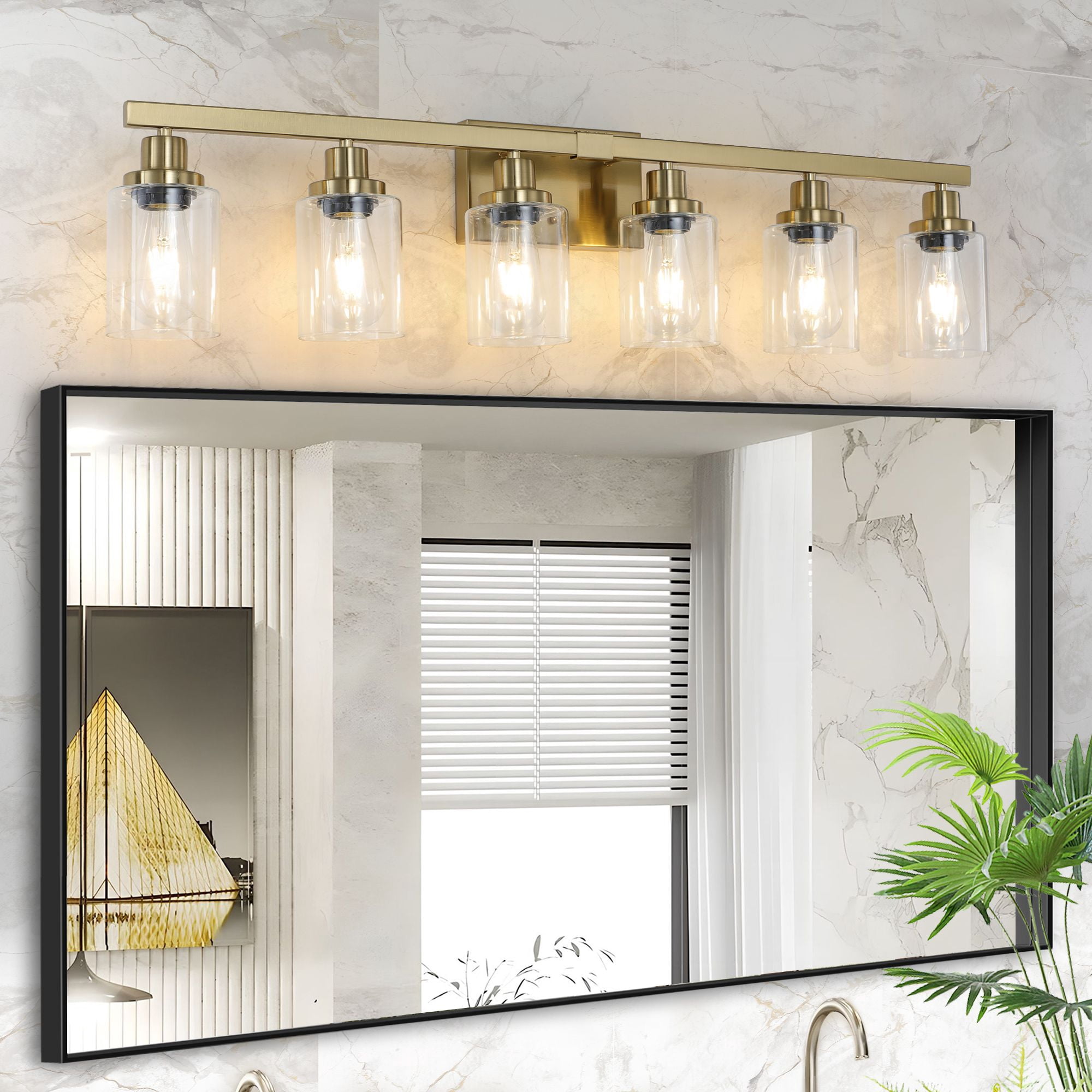37 Inch Gold Vanity Light for Mirror, 6-Light Bathroom Wall Fixture with Clear Glass Shades, Modern Iron Metal Frame for Bathroom Dressing Table, Hardwired, E26 Base, Bulbs Not Included