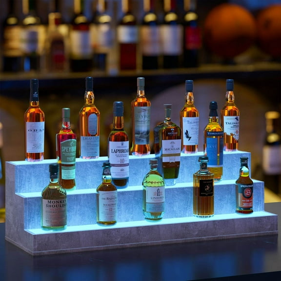 37 Inch LED Lighted Liquor Bottle Display Shelf, DIY Illuminated Bar Shelf with App & Remote, 3 Step Freestanding Wine Rack for Home Bar Party, Grey Engineered Wood