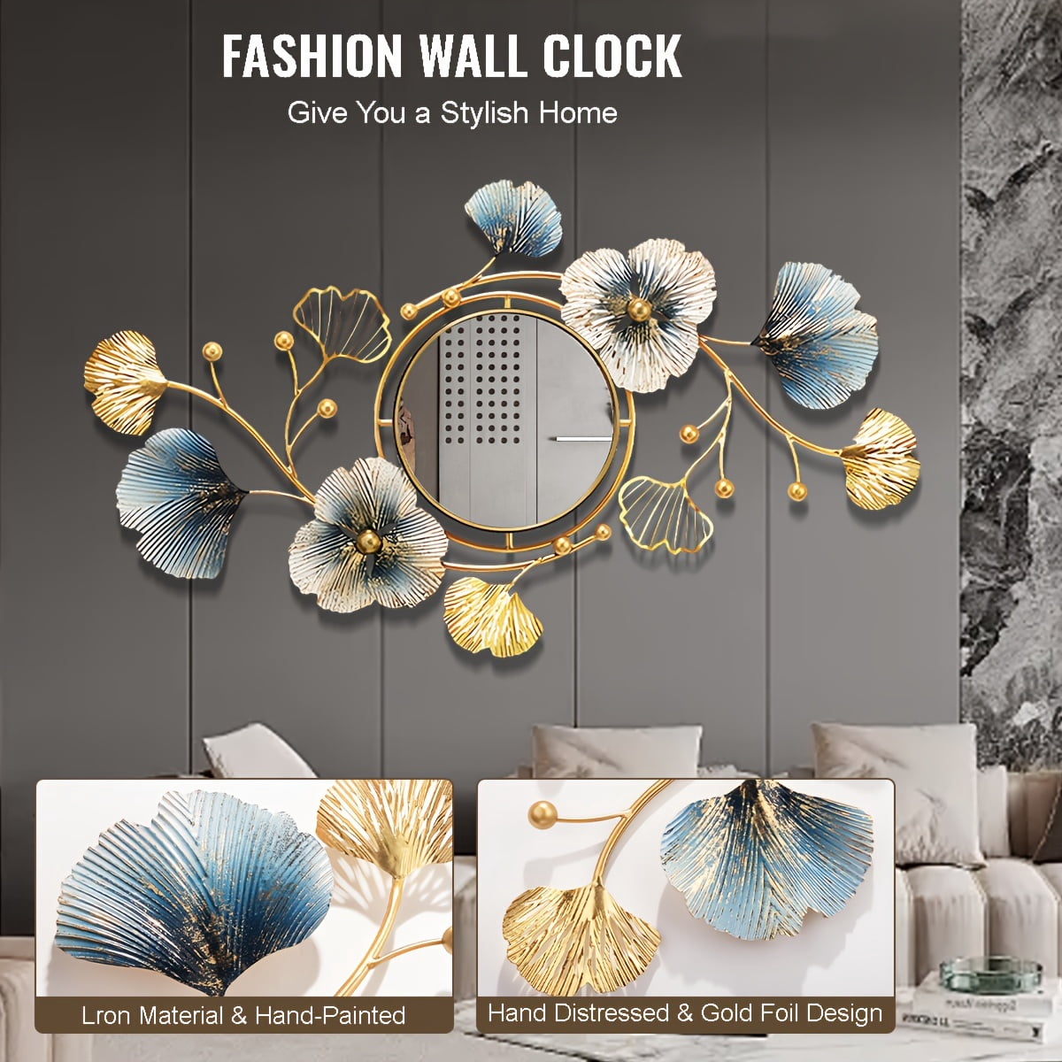 37 Inch Large Wall Mirrors Decorative Modern Golden Wall Art Mirrors for Living Room Entryway Metal Ginkgo Leaf Wall Mirror Decor