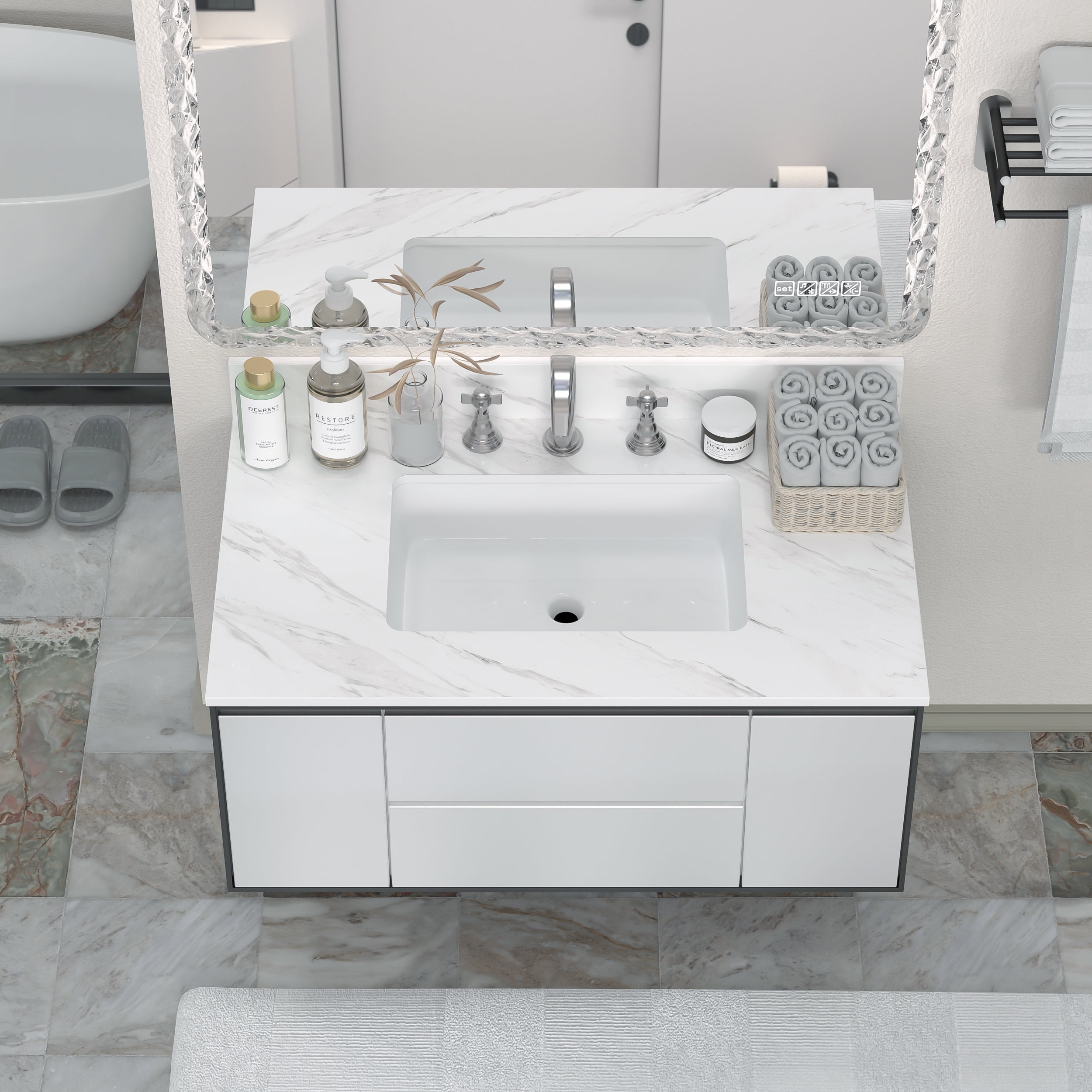 37 Inch Marble Vanity Top, White Vanity Top with 3 Predrilled Faucet