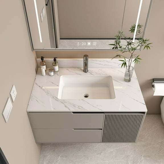 37 Inch Marble Vanity Top, White Vanity Top with 1 Pre-drilled Faucet Holes, Bathroom Vanity Top with Undermount Rectangular Middle Sink and 4" Height Backsplash, The Cabinet are not Included