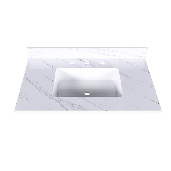 37 Inch Marble Vanity Top, White Vanity Top with 3 Pre-drilled Faucet Holes, Bathroom Vanity Top with Undermount Rectangular Middle Sink and 4" Height Backsplash, The Cabinet are not Included