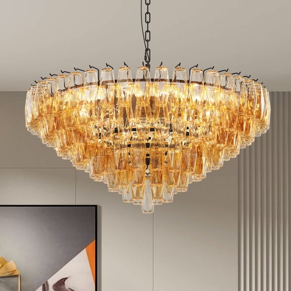 37 Inch Modern Round Black Chandelier 14 Light Tiered Smoke Glass Tubes Ceiling Light for Kitchen Island Dining Room Living Room Bedroom