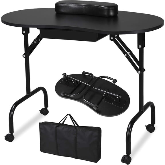 37 Inch Portable and Foldable Manicure Table Nail Desk Workstation with Large Drawer, Client Wrist Pad, Controllable Wheels, Carrying Case for Spa Beauty Salon, Black