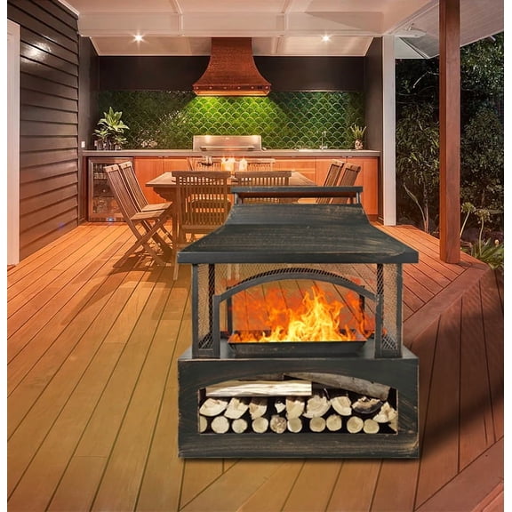37-Inch Rectangular Metal Outdoor Wood Burning Fireplace - Outdoor Fireplace with Built-in Log Storage and Poker-Brushed Bronze,Log Burner Fire Pit for Patio Garden And Backyard
