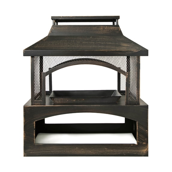 37-Inch Rectangular Metal Outdoor Wood Burning Fireplace - Outdoor Fireplace with Built-in Log Storage and Poker-Brushed Bronze,