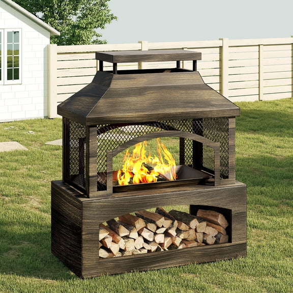 37 Inch Rectangular Outdoor Wood Burning Fireplace - Large Metal Fire Pit with Wood Storage & Fire Poker for Patio, Garden, Deck, Backyard