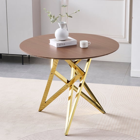 37 Inch Round Dining Table Dark Wood Grain MDF Tabletop Golden Carbon Steel Metal Legs 2-4 Seater Space Saving Kitchen Dining Room Table（Walnut）
