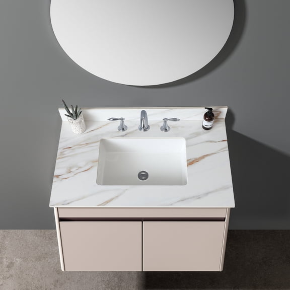 37 Inch Sintered Stone Vanity Top with Undermount Sink, Carrara White Marble Vanity Top for 36 Inch Cabinet, Pre-Drilled 8 Inch Widespread Faucet Holes