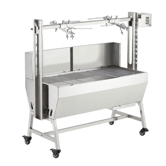 37-Inch Stainless Steel Charcoal Rotisserie Grill  132lb (60kg) Capacity, 50W Electric Motor, Adjustable Height, Locking Casters, Windscreen, Baffle  Plug & Hand Crank, Size 37x17.3x42in, 52W-load