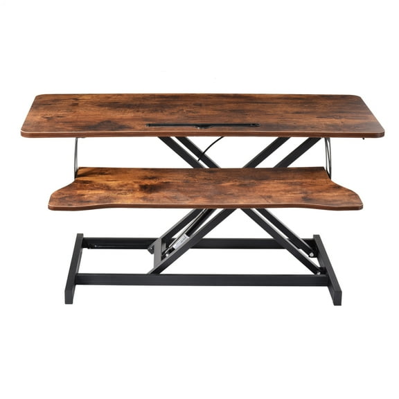 37 Inch Stand Up Desk Converter, Adjustable Standing Desk Riser with Keyboard Tray, 2 Monitor Workstation for Home Office Computing(Brown)