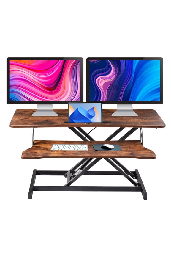 37 Inch Standing Desk Riser, Adjustable Sit to Stand Workstation with Keyboard Tray, 2 Monitor Desktop Converter for Home Office(Brown)