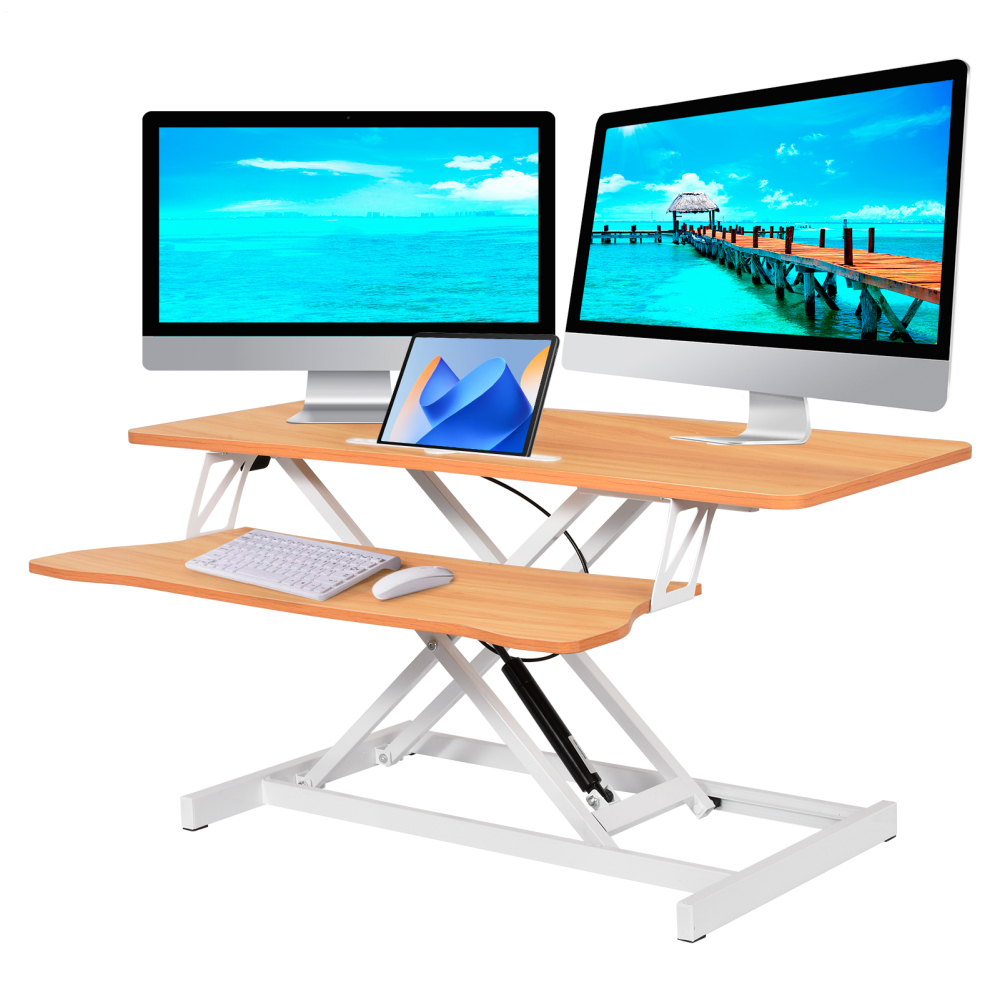 37 Inch Standing Desk Riser, Adjustable Sit to Stand Workstation with Keyboard Tray, 2 Monitor Desktop Converter for Home Office(Log Color)