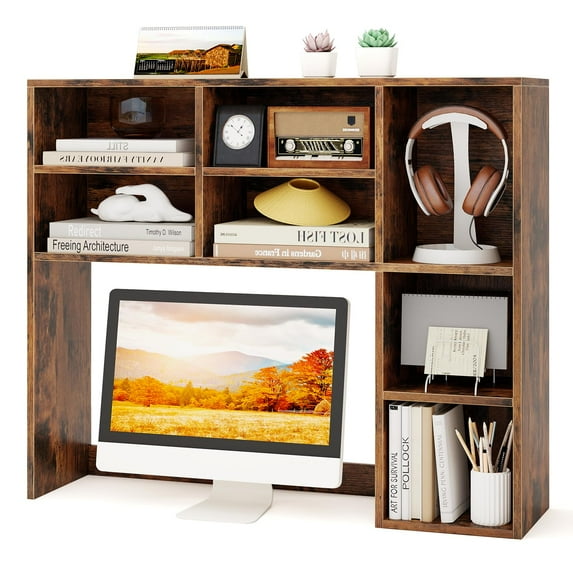 37 Inch Tall Desktop Bookshelf with 7 Cubes 3 Tier Shelves, Rustic Brown Wood Storage Hutch for Monitor Books Home Office