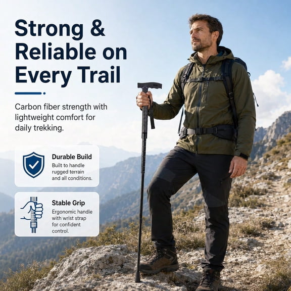37 Inch Ultralight Carbon Fiber Trekking Pole, Foldable Hiking Stick with Ergonomic Grip, Durable Walking Pole for Mountain Hiking, Camping and Trail Adventures