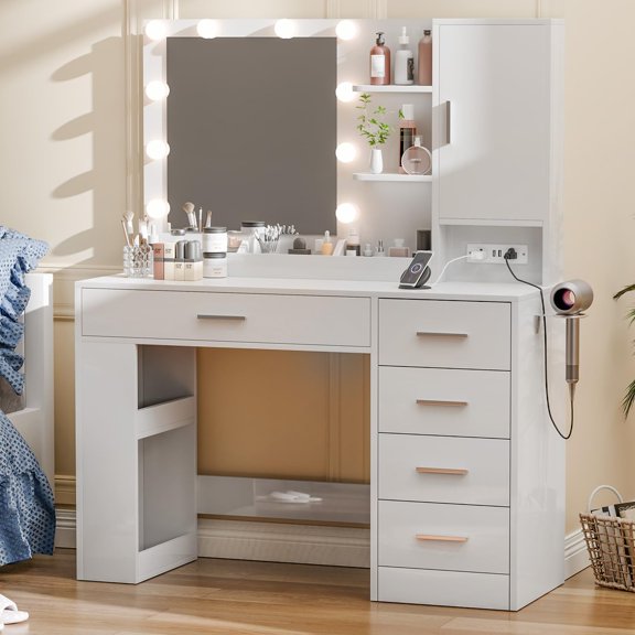 37-Inch White Makeup Vanity Desk with Mirror, Lights, 5 Drawers, Large Storage Cabinet, and 4 Necklace Hooks