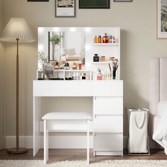 37-Inch White Makeup Vanity with Stool - Built-in Charging Station - Home Makeup Application - Keep Desktop Organized