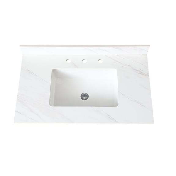 37 Inch White Sintered Stone Vanity - Rectangular Middle Sink, 4" Backsplash, Pre-drilled Faucet Holes Modern Bathroom Essential 37" Marble-like Countertop With Hole Elegant Option