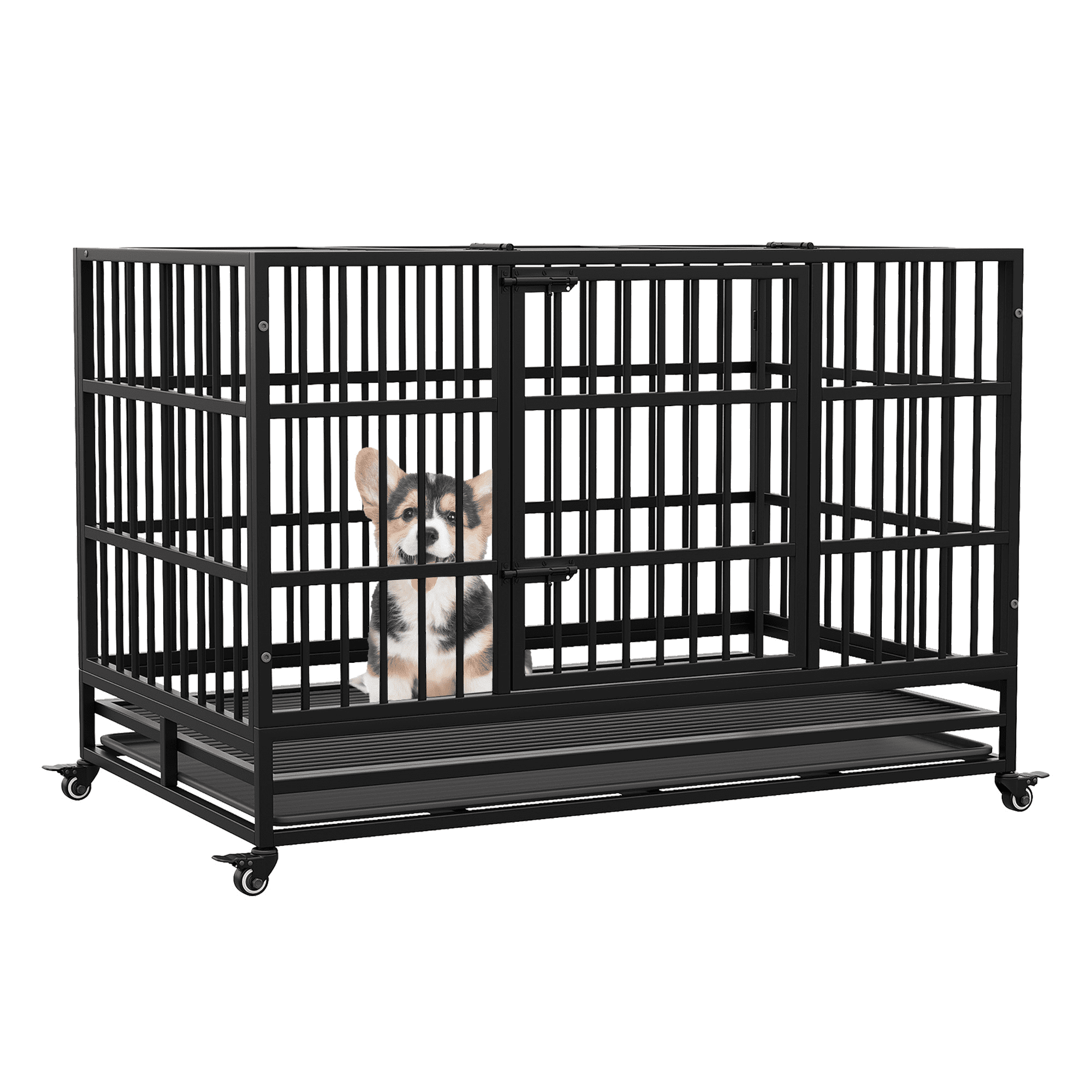 Image showcasing 37 Inches Folding Dog Crate with Wheels, Heavy Duty Metal Dog Kennel ...